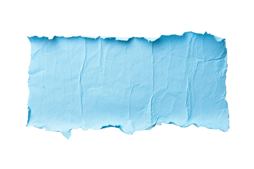 Torn and wrinkled blue paper scrap on white background