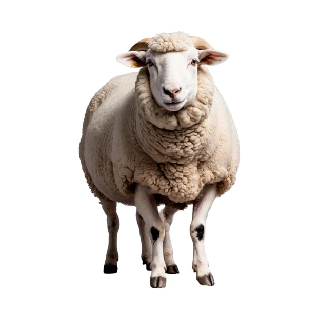 White sheep with thick wool and horns isolated on white