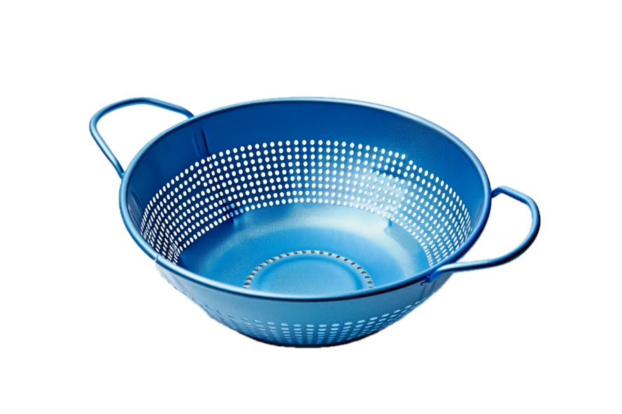 Blue metal colander with handles isolated on white background