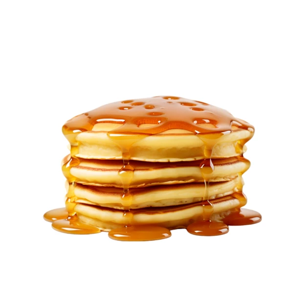 Stack of fluffy pancakes with maple syrup on white background