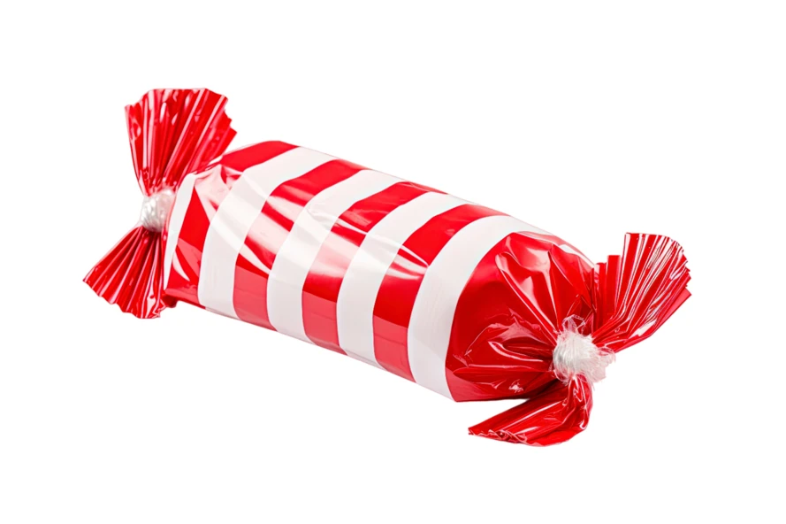 Red and white striped wrapped candy on white background