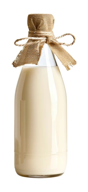Rustic glass bottle of fresh milk with burlap cover
