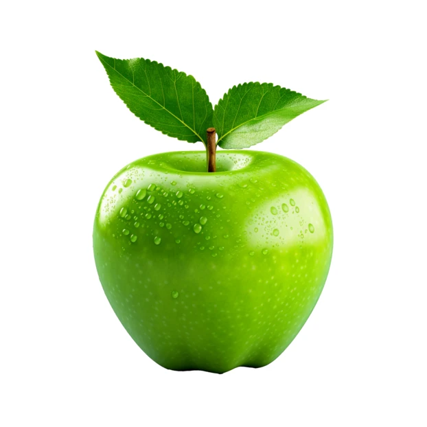 Fresh green apple with water droplets and green leaves