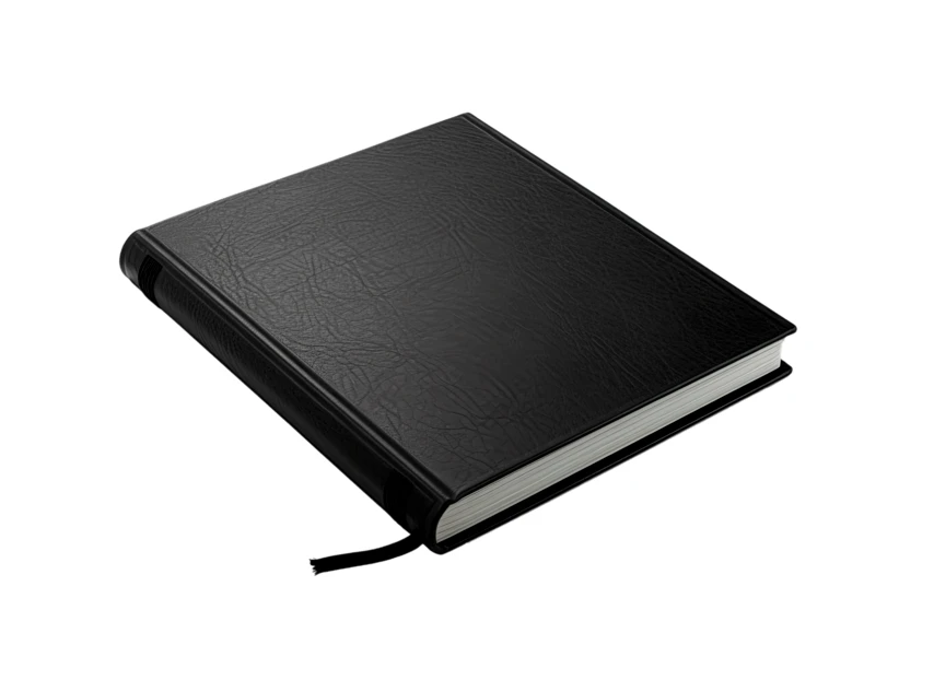 Closed black leather notebook isolated on white background