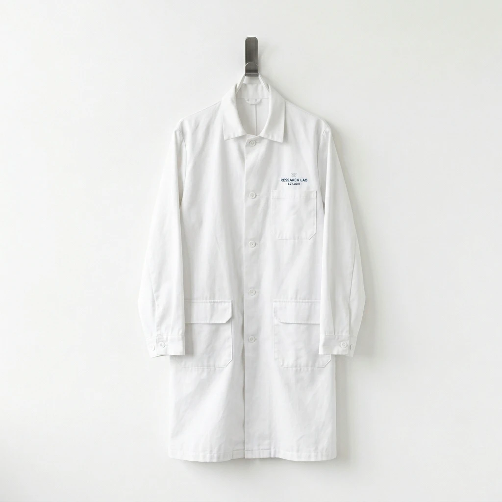 Professional white laboratory coat hanging against a white background