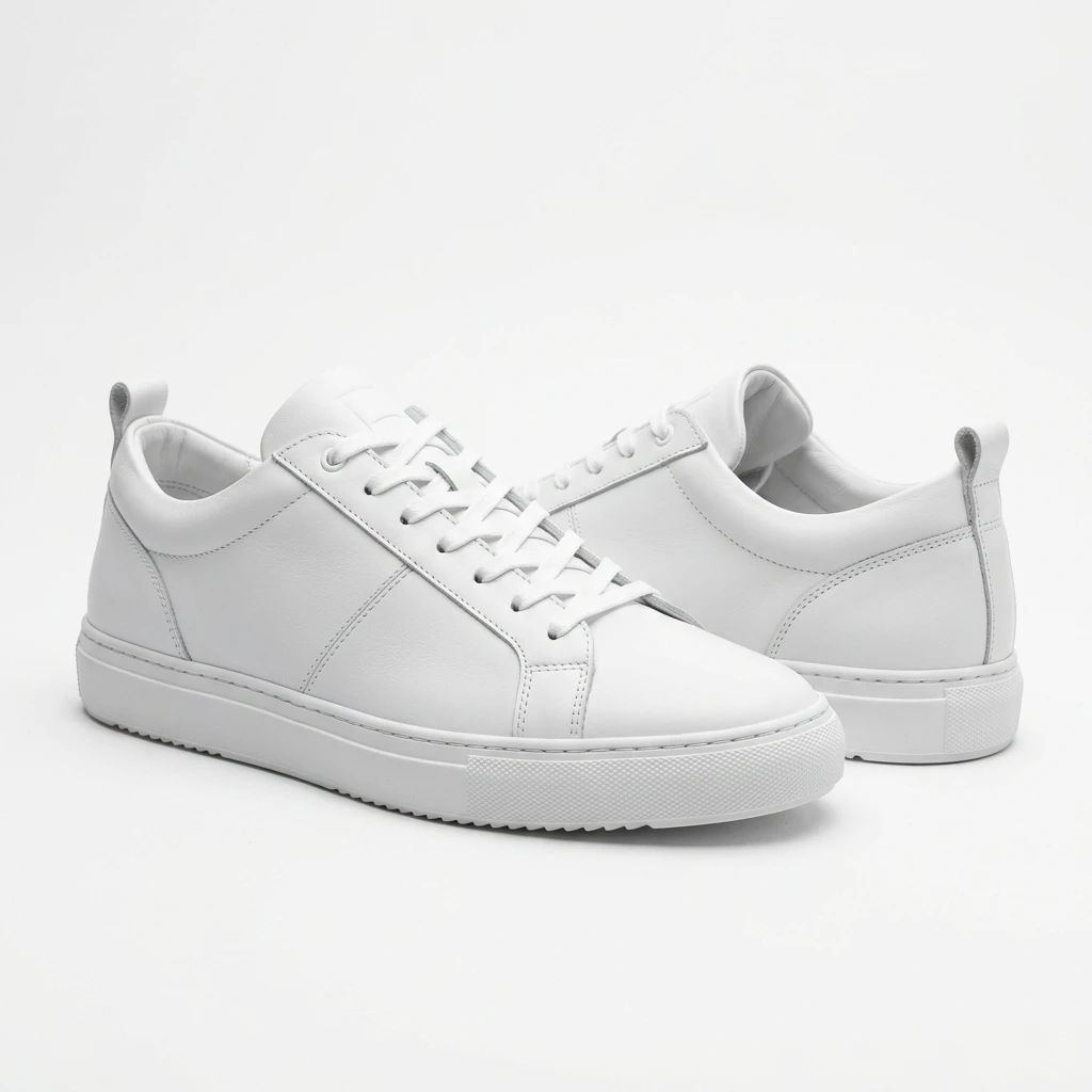 Pair of minimalist white leather sneakers on white background