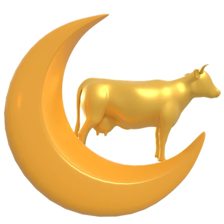A golden cow standing on a crescent moon