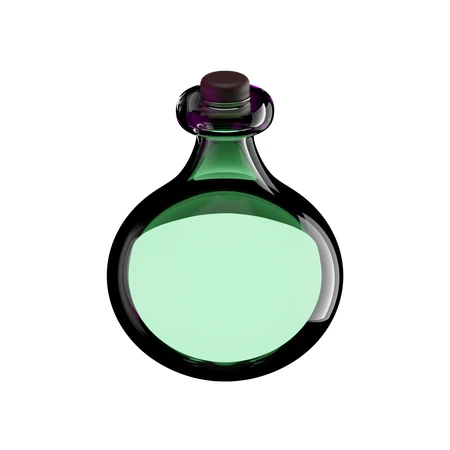 Green magic potion in round glass bottle on white background