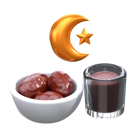3D Ramadan iftar set with bowl of dates and moon