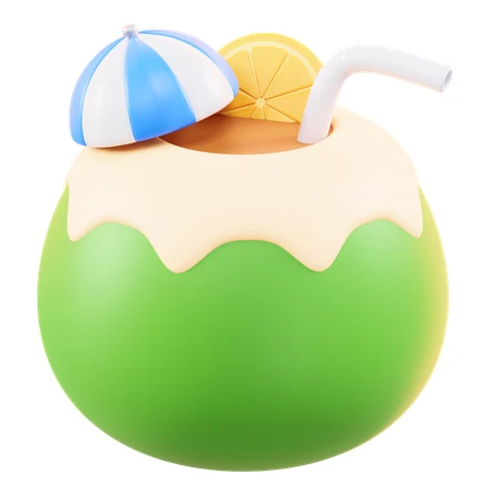 3D stylized tropical coconut cocktail with umbrella and straw