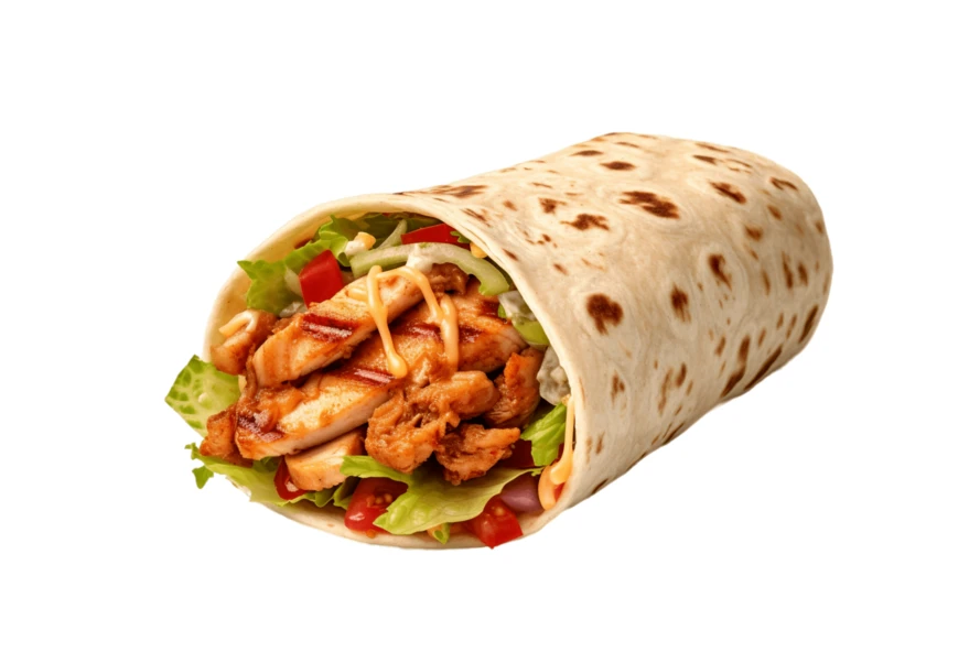 Grilled chicken wrap with lettuce and tomatoes on white background