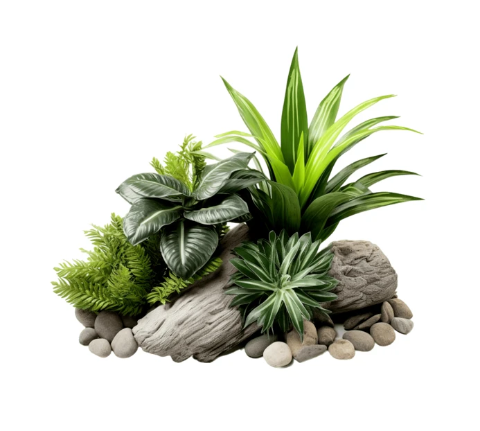 Artificial green plants and decorative rocks isolated on white