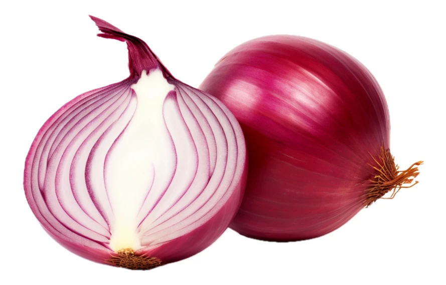 Whole and half red onion isolated on white background