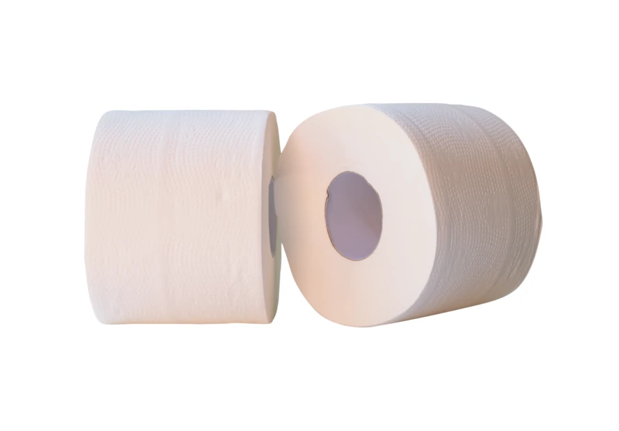 Two rolls of white toilet paper on white background
