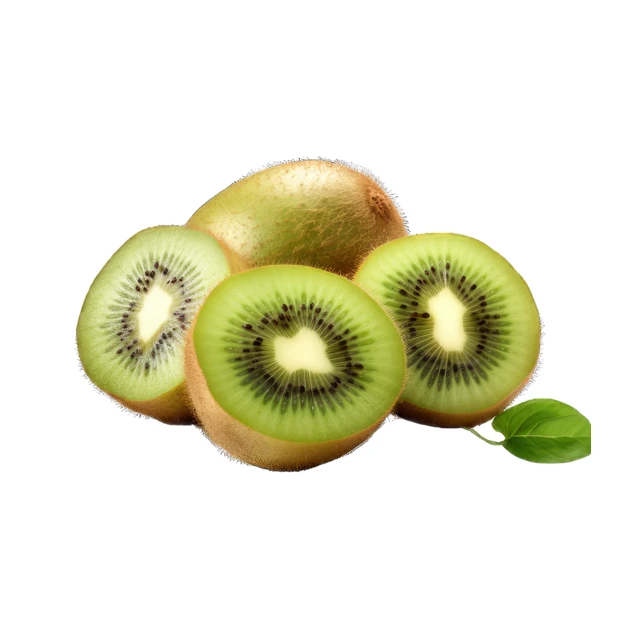 Whole and sliced fresh kiwi fruit on white background