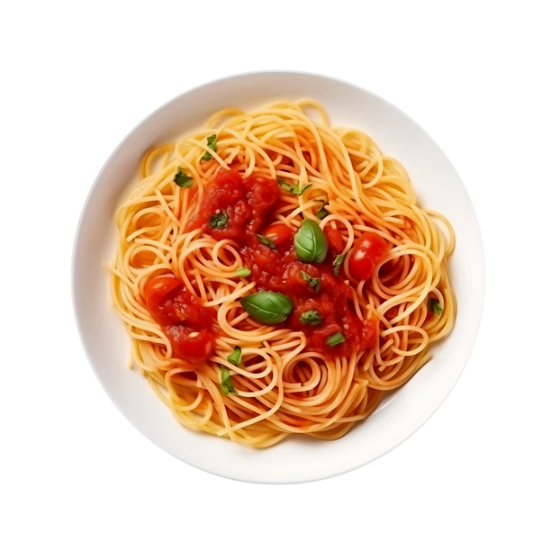 Spaghetti with tomato sauce and basil on white plate