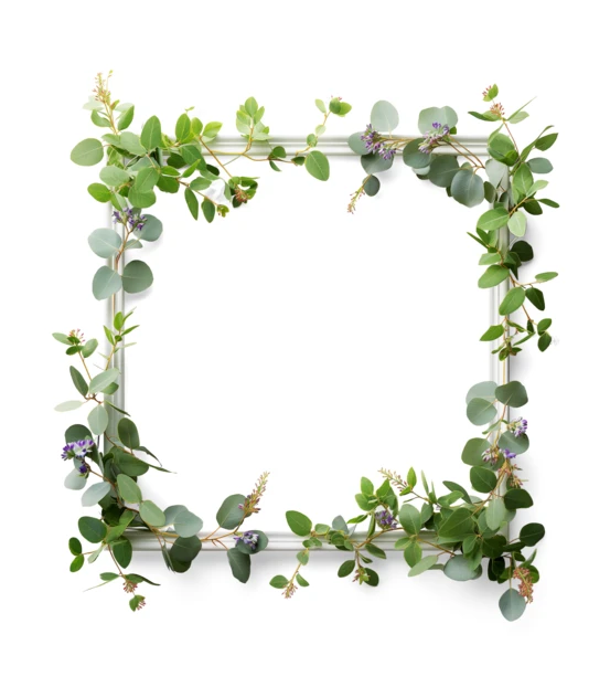 Square white frame with eucalyptus leaves on white background