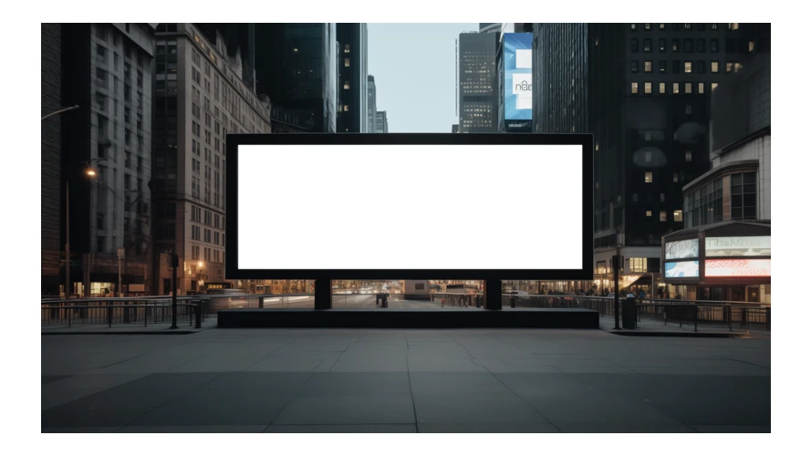 Large blank billboard mockup on a city street at night