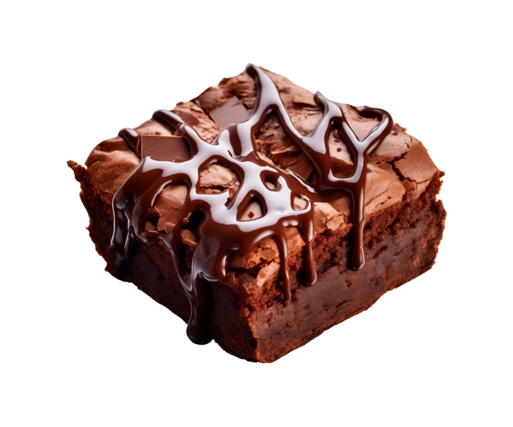 Chocolate brownie with chocolate drizzle isolated on white background