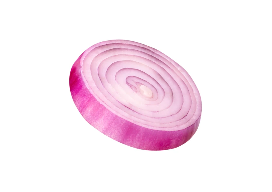 Single slice of fresh red onion isolated on white