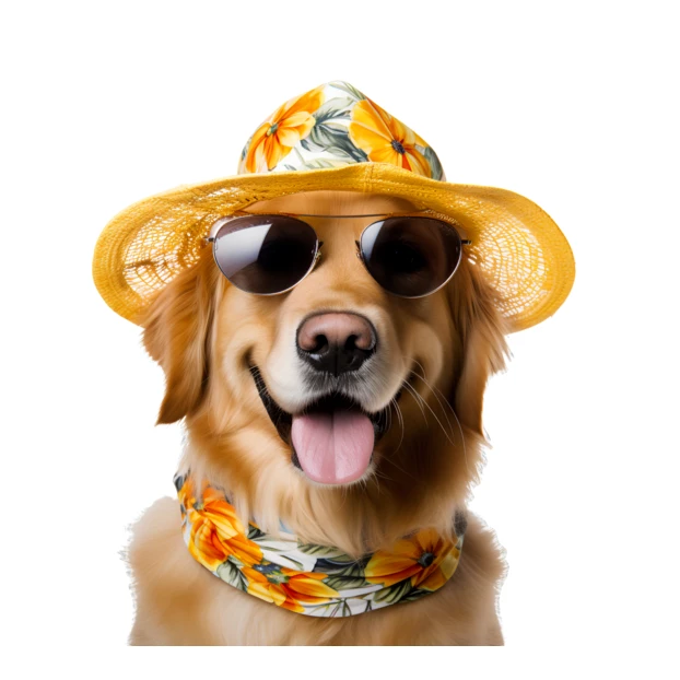 Golden Retriever wearing summer hat and sunglasses on white background