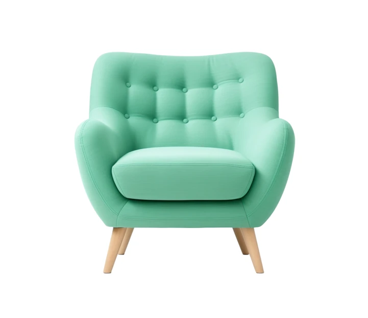 Modern mint green tufted armchair on white background