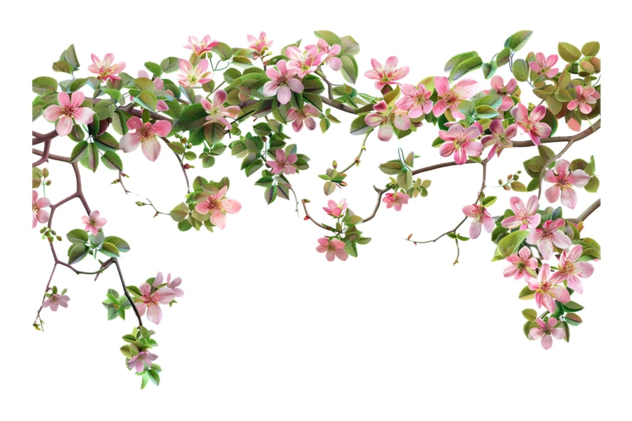 Blooming pink apple blossom branches isolated on white background