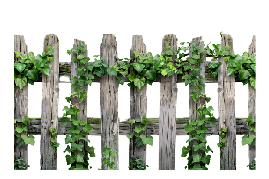 Rustic wooden picket fence with green climbing ivy