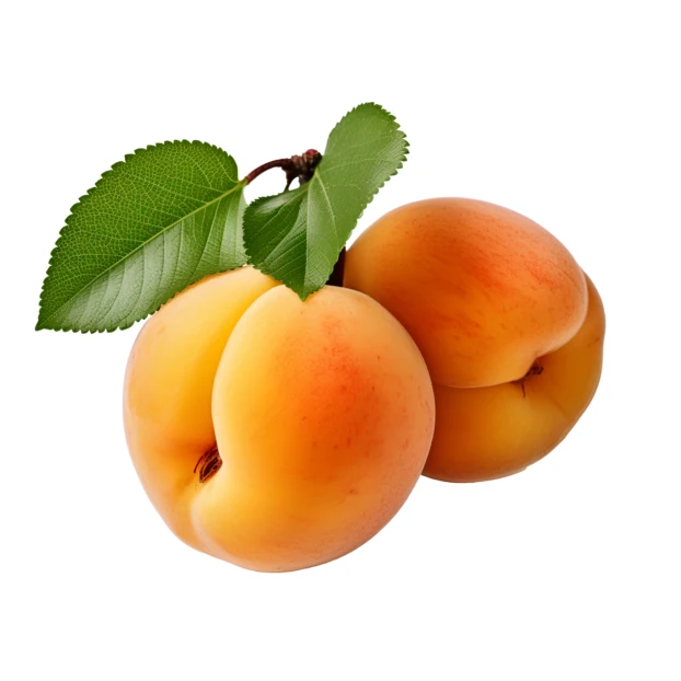 Two fresh apricots with green leaves isolated on white background