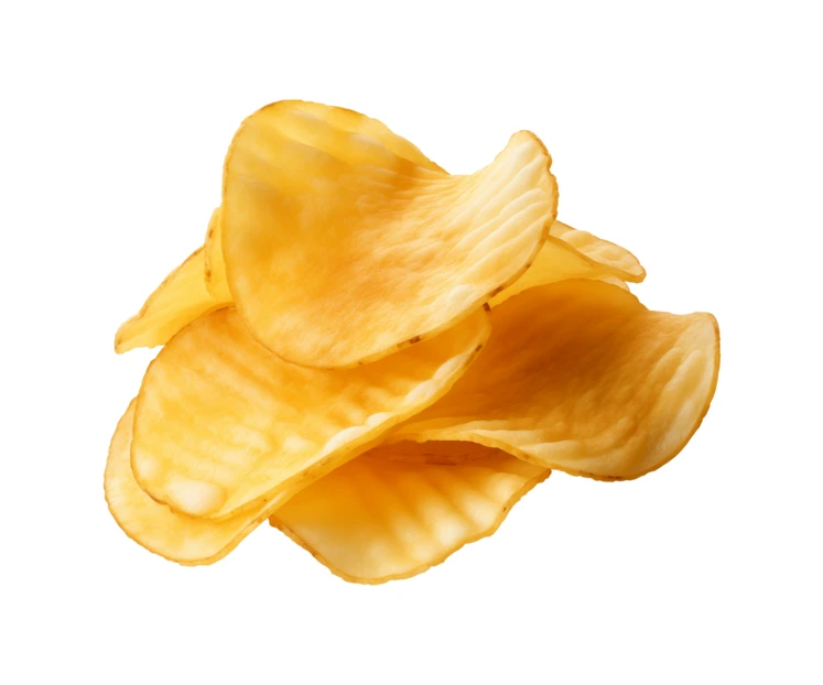 Pile of golden ridged potato chips isolated on white