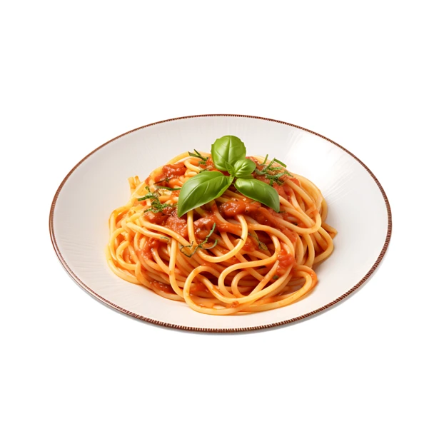 Spaghetti with tomato sauce and fresh basil on white background