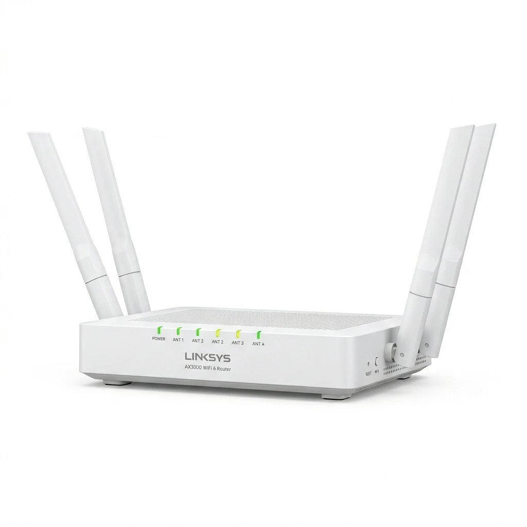 Modern white Linksys wireless WiFi router with four antennas