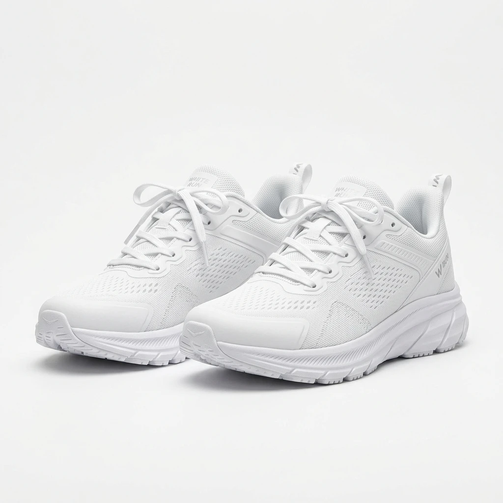 Pair of white athletic running shoes on a plain background