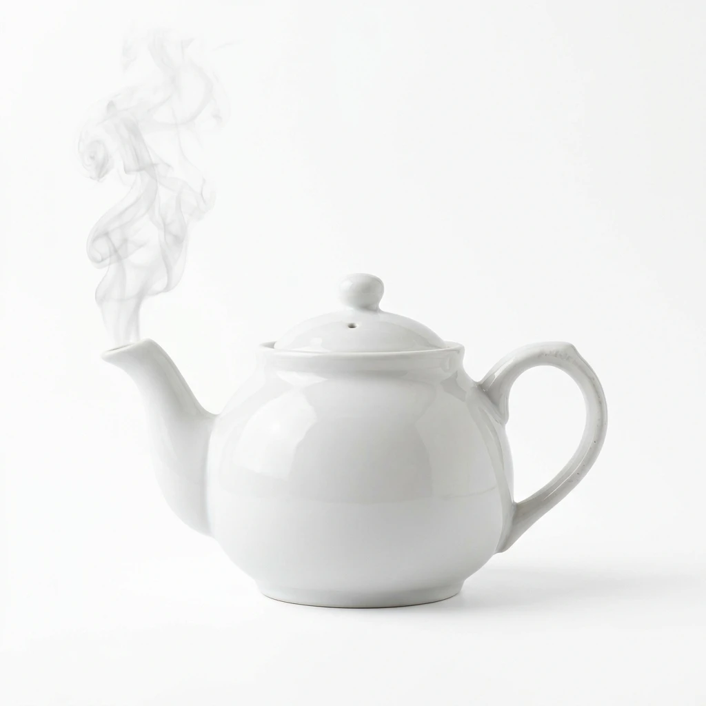 White ceramic teapot with hot steam on white background