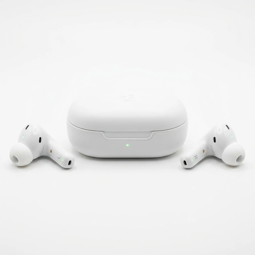 White wireless earbuds with charging case on white background
