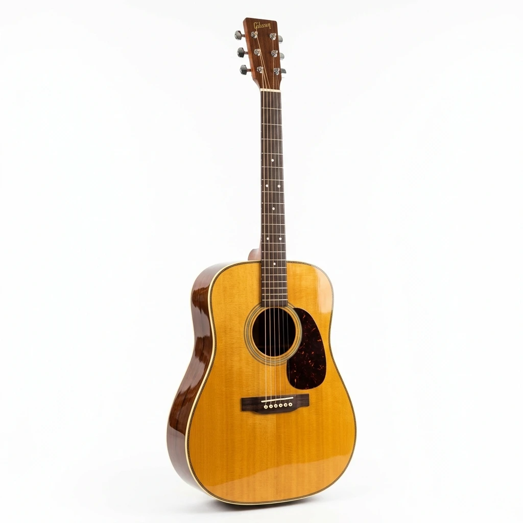 Classic Gibson dreadnought acoustic guitar on a white background