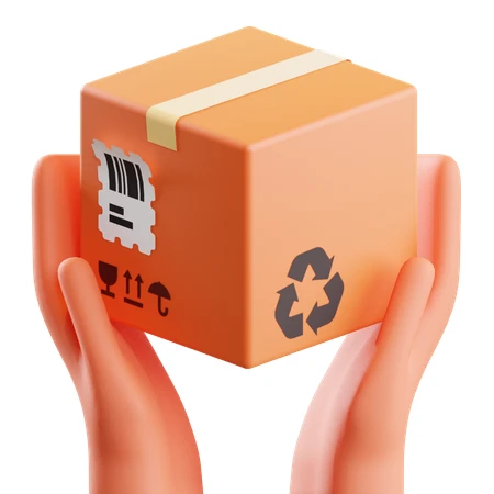 3D hands holding a cardboard shipping box with recycle symbol
