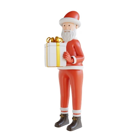 3D Santa Claus character holding a large white gift box