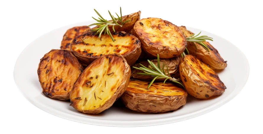 Roasted potato halves with rosemary on a white plate