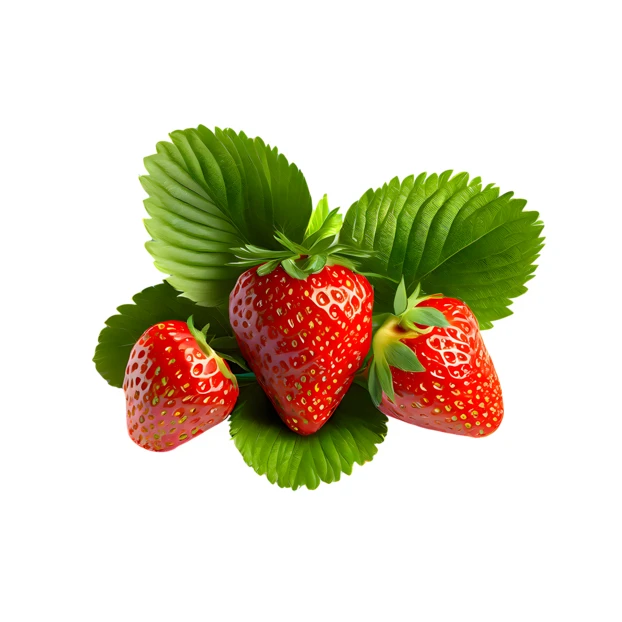 Three fresh strawberries with green leaves isolated on white