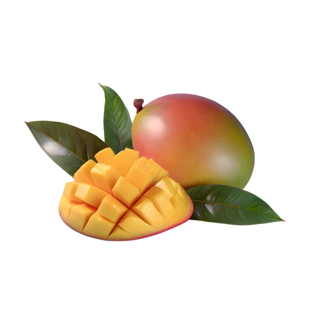 Whole and sliced mango with green leaves on white background