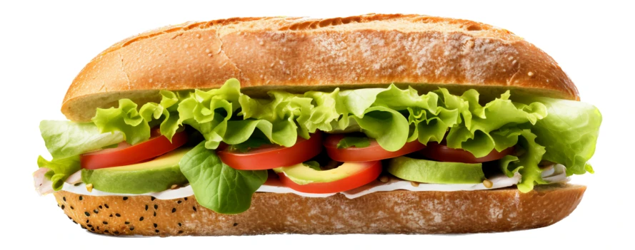 Healthy vegetable sandwich with avocado and lettuce on white background