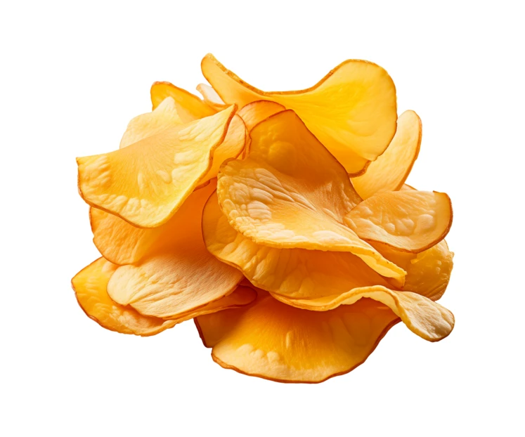 Pile of crispy golden sweet potato chips isolated on white