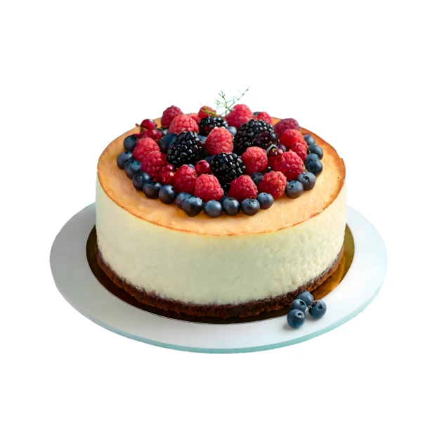 Baked cheesecake topped with fresh raspberries, blueberries, and blackberries