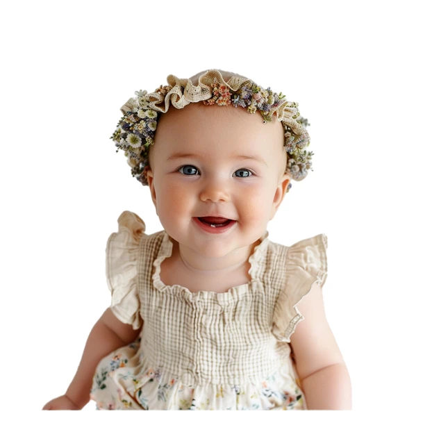 Smiling baby girl wearing floral crown and ruffled dress