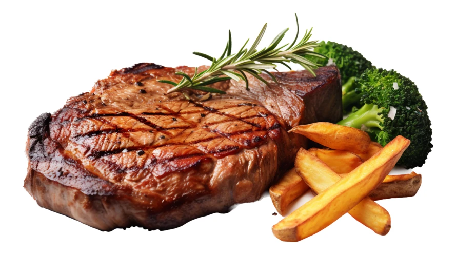 Grilled beef steak with french fries and broccoli