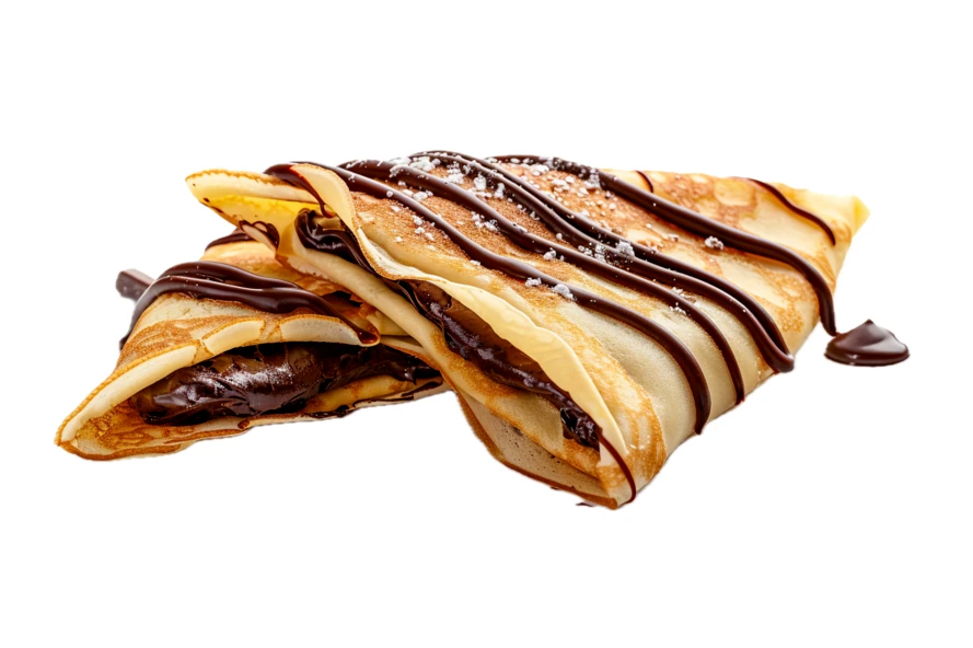 Chocolate filled crepes with chocolate drizzle isolated on white