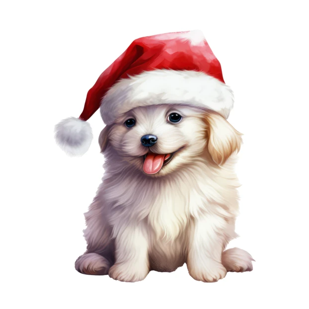Cute white puppy wearing a red Santa hat illustration