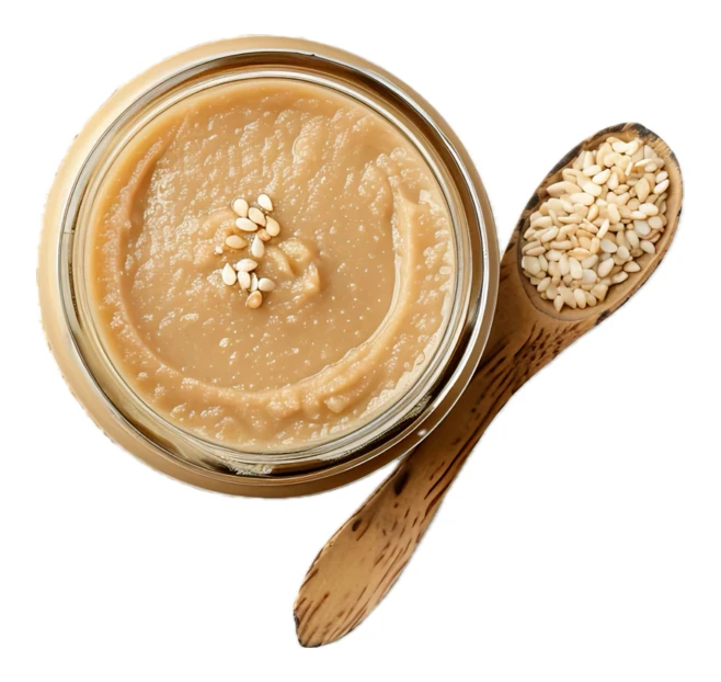 Top view of tahini paste in a glass jar