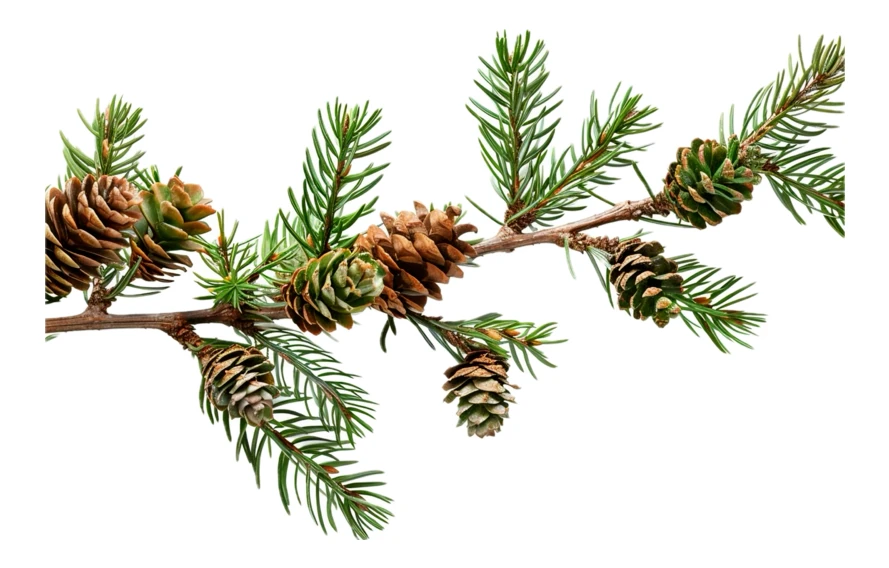 Conifer branch with small pine cones isolated on white background